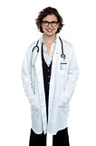 Pretty female doctor on white background