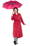Gorgeous lady with umbrella walking towards you