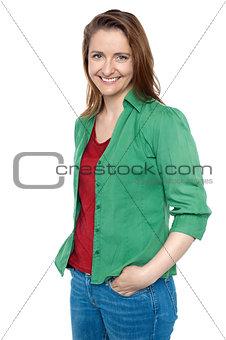 Lovely middle aged caucasian in bright clothes