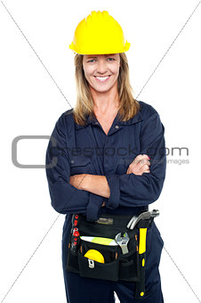 Attractive architect woman with yellow hard hat