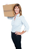 Happy business lady with a box on her shoulder