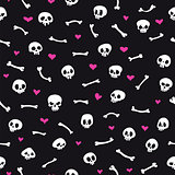 Cartoon Skulls with Hearts on Black Background Seamless Pattern