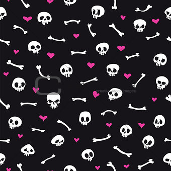 Cartoon Skulls with Hearts on Black Background Seamless Pattern