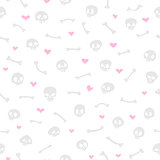 Cartoon Skulls with Hearts on White Background Seamless Pattern