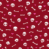 Cartoon Skulls with Hearts on Red Background Seamless Pattern