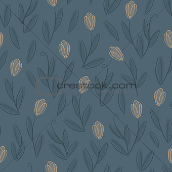 Floral blue seamless pattern with yellow tulips