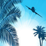 Summer background with palms and airplane