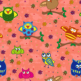 Seamless pattern with ornamental owls over terracotta