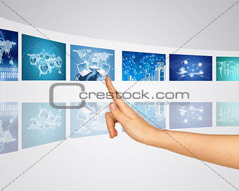 Information communication around world. Finger presses one of virtual screens