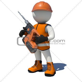 White man in vest, shoes and helmet holding electric perforator. Isolated