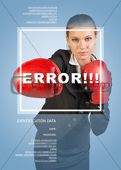 Business girl in boxing gloves. Word error, frame and text