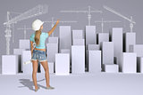 Girl holding paper scrolls. Rear view. Minimalistic city with tower cranes