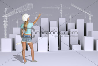 Girl holding paper scrolls. Rear view. Minimalistic city with tower cranes