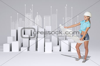 Beautiful girl looking at empty paper sheet. Minimalistic city with buildings