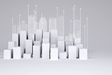 Minimalistic city of white cubes with wire-frame buildings and arrows up