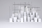 Minimalistic city of white cubes with wire-frame buildings, tower cranes and arrows up