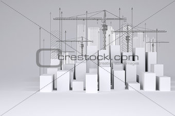 Minimalistic city of white cubes with wire-frame buildings, tower cranes and arrows up