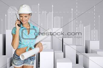 Beautiful girl holding walkie-talkie and paper scrolls. Minimalistic city with arrows
