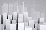 Minimalistic city of white cubes with wire-frame buildings and arrows up