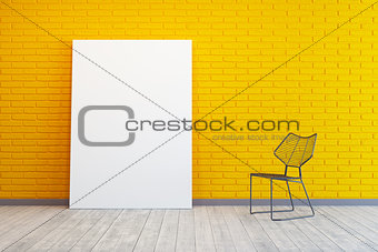yellow room with blank picture and chair