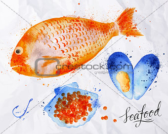 Seafood watercolor fish, red caviar, mussel