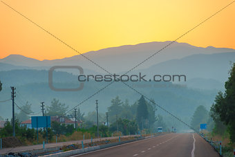 Morning view of the road and the mountains