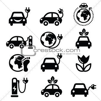 Eclectric car, green or eco transport icons set