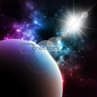 Photorealistic Galaxy background with planet and shining sun .  illustration