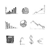 Hand drawn pen and ink style illustration of finance symbols