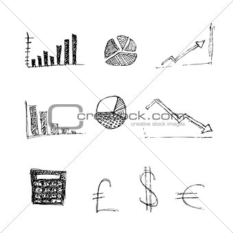 Hand drawn pen and ink style illustration of finance symbols
