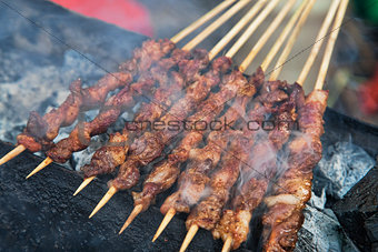 Delicious street food of Barbecued Lamb shish kebabs in Guilin