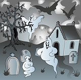 Scenery on cemetery with ghosts