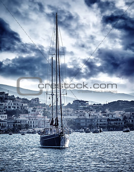 Beautiful sailboat on the sea in storm