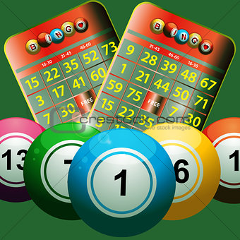 new bingo cards and bingo balls on green background