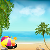 summer beach background with palms and ball