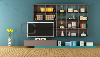 Blue lounge with wall unit - 3D Rendering