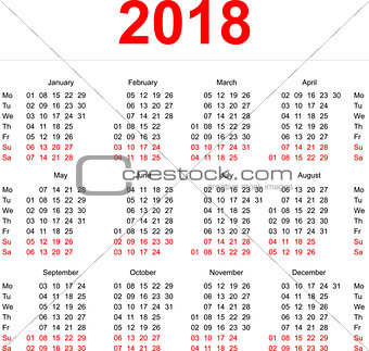 2018 Calendar template. Vertical weeks. First day Monday