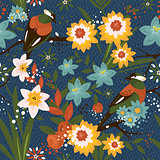 Vintage seamless floral pattern with birds