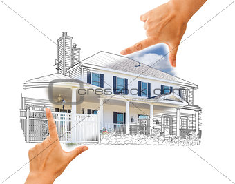 Hands Framing House Drawing and Photo on White