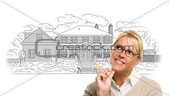 Woman with Pencil Over House Drawing on White