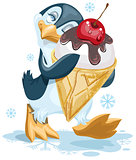 Penguin is an ice cream cone with a cherry