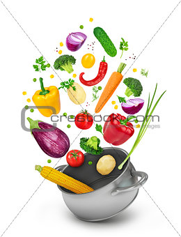 Concept of healthy eating. Fall vegetables in a pot on a white b