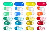 Collection of multicolored pills on isolated white background