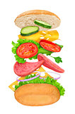 falling sandwich with ingredients in the air on a white backgrou