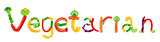 inscription vegetarian pieces of vegetables on white background