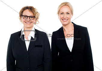 Team of two smiling businesswomen posing