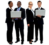 Two business teams posing with laptop