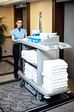An active worker pushing housekeeping cart around the lobby