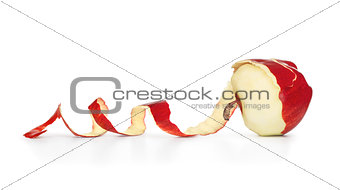 red apple with peeled skin isolated on white background