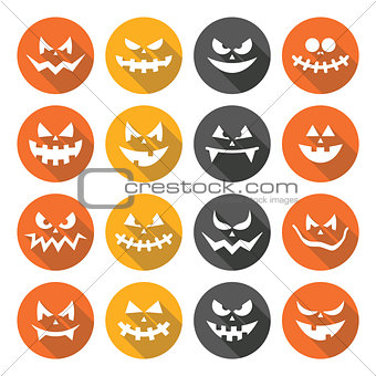 Scary Halloween pumpkin faces flat design icons set